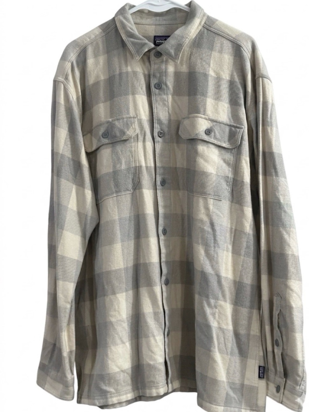 Patagonia Fjord Flannel Shirt Mens XL Gray White Plaid Organic Cotton